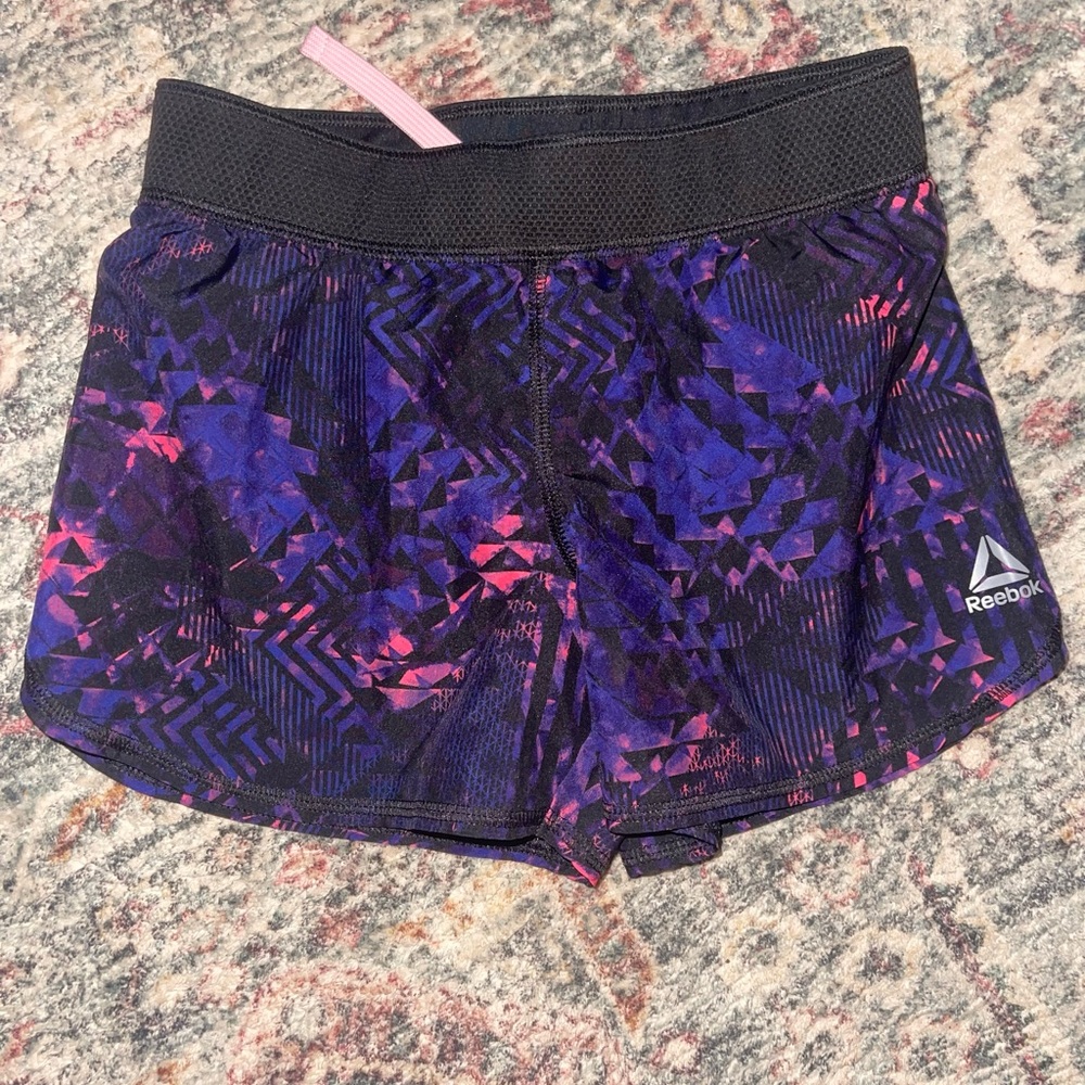 Reebok Girl’s Athletic Shorts - Black and Purple Geometric